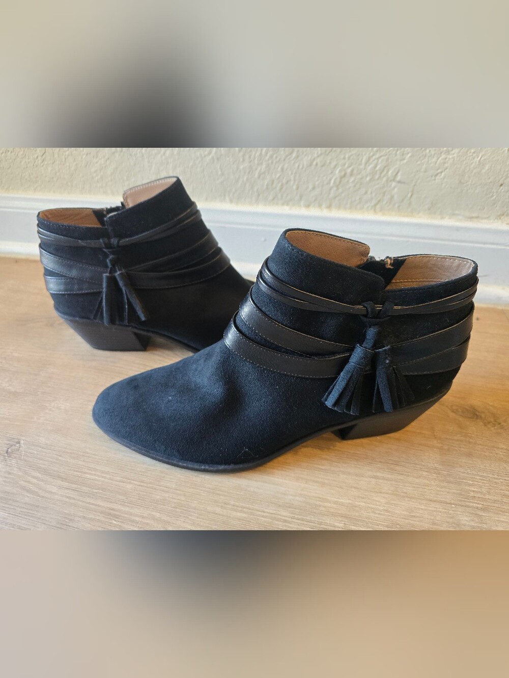 Black Suede Tassel Strap Ankle Booties